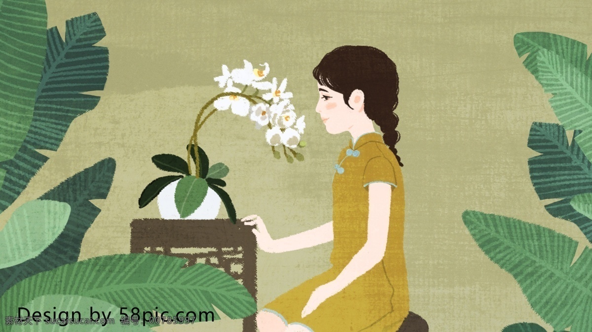 民国 风 芭蕉 旗袍 女孩 原创 手绘 插画 中国风 唯美 兰花 美女 小清新 民国风 君子兰 古典美女 旗袍美人 芭蕉美人 手绘插画 配图