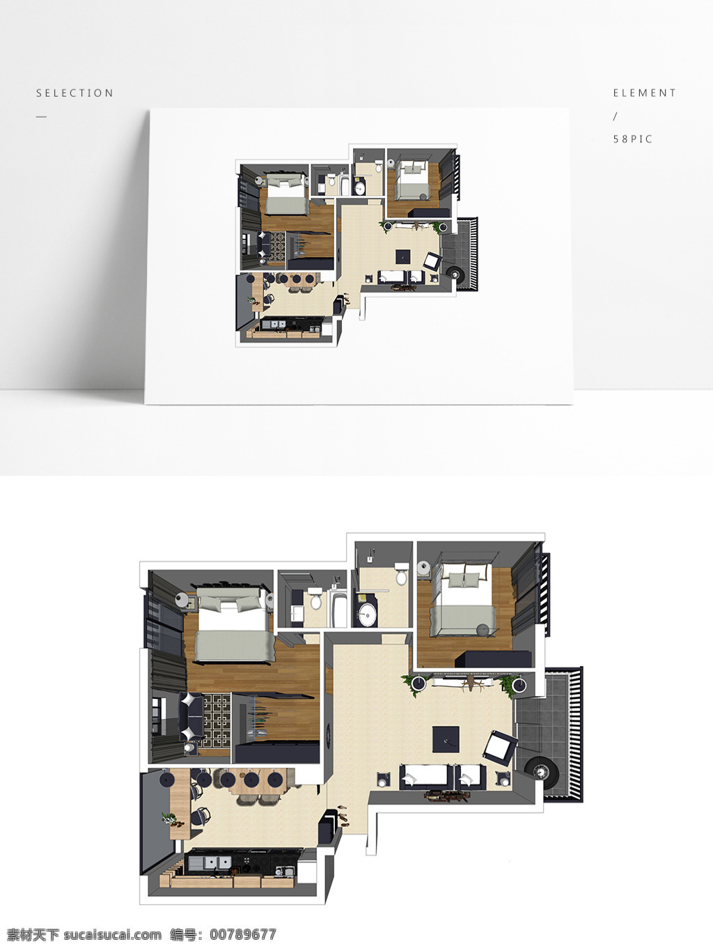 两 房户 型 su 透视 模型 室内空间设计 住宅室内设计 样板房 3d模型 su模型 草图大师模型 家具模型