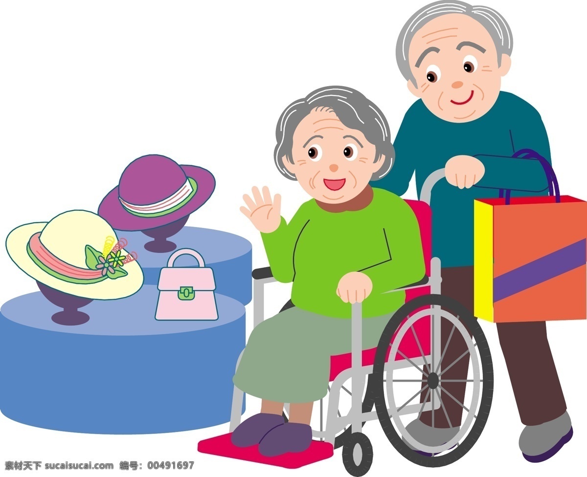 老年人 逛街 矢量图 卡通 老奶奶 老爷爷 轮椅 帽子 矢量 矢量人物