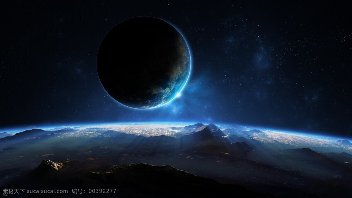 简约 蓝色 星空 圆球 背景 星际 山脉 广告