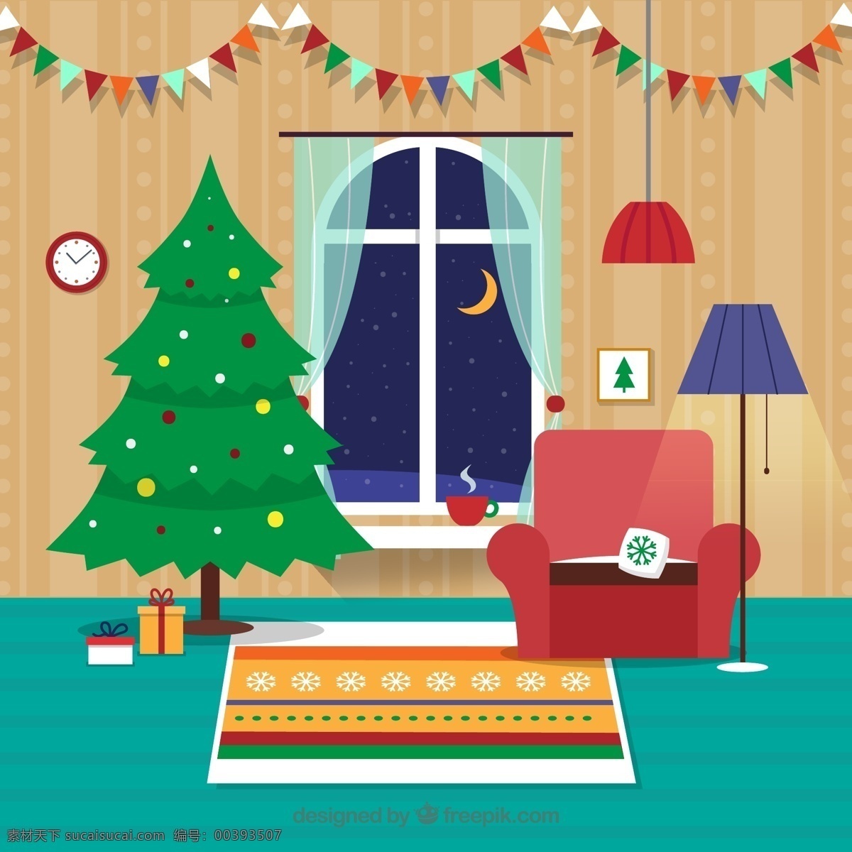 圣诞 夜 客厅 插画 三角拉旗 圣诞节 夜晚 窗户 沙发 落地灯 矢量 高清图片