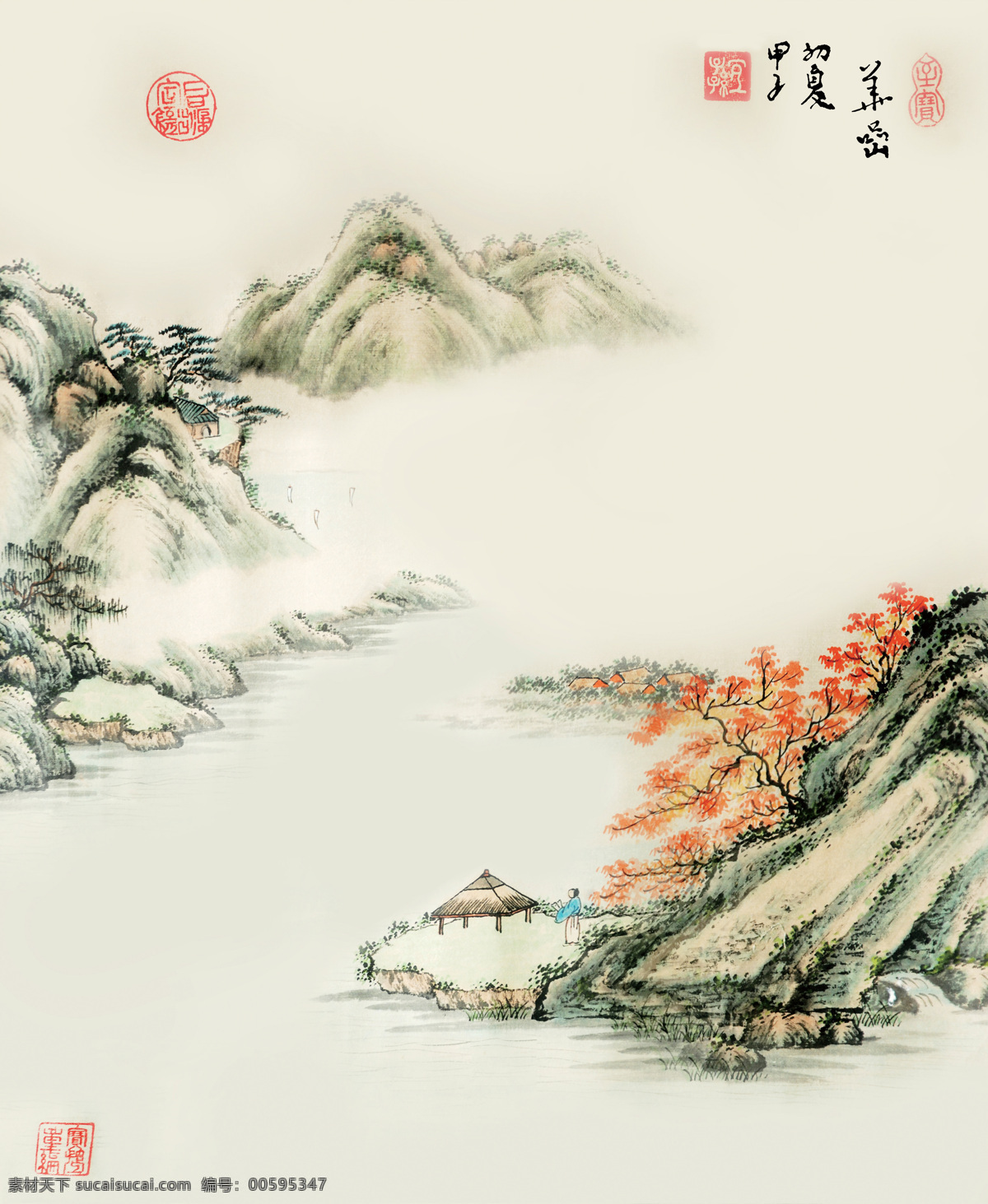 水墨山水 山 枫叶 古人 山坡 水墨 手绘 绘画 中国风 装饰 移门 设计素材 古典背景 移门图案 底纹边框