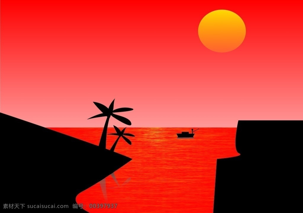 海边日落 海边 日落 大海 椰子树 海面 船 太阳 自然景观 人文景观