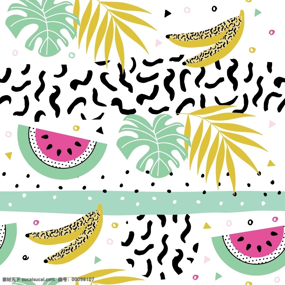 创意 细化 香蕉 夏日 拼贴 时尚 潮流 涂鸦 小清新 卡通 填充 网格 插画 矢量 背景 海报 广告 包装 印刷 夏天