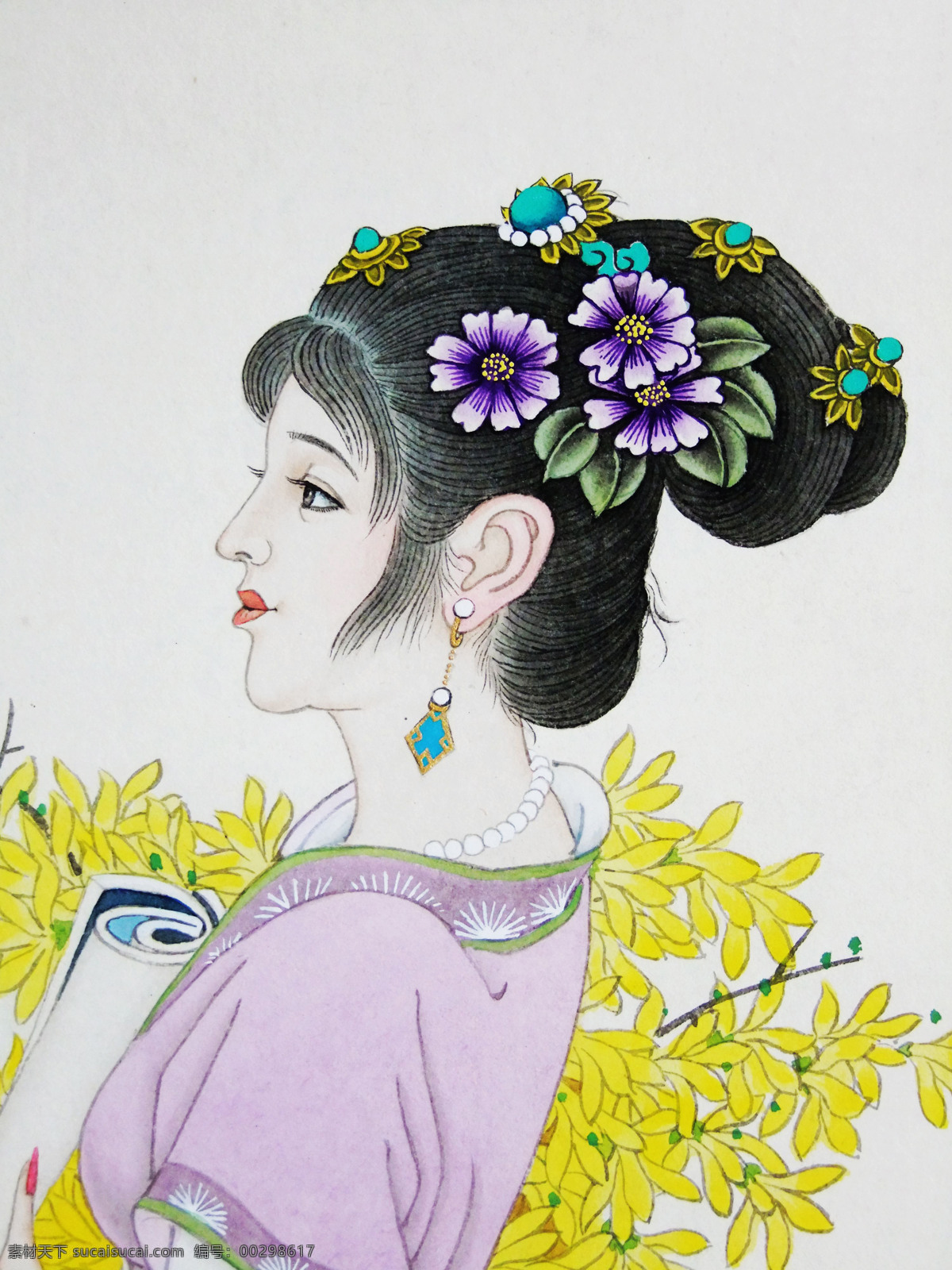 古仕女肖像 美术 中国画 彩墨画 仕女画 女人 女子 仕女 美人 动作 表情 发型 黄花 国画艺术 国画集70 绘画书法 文化艺术