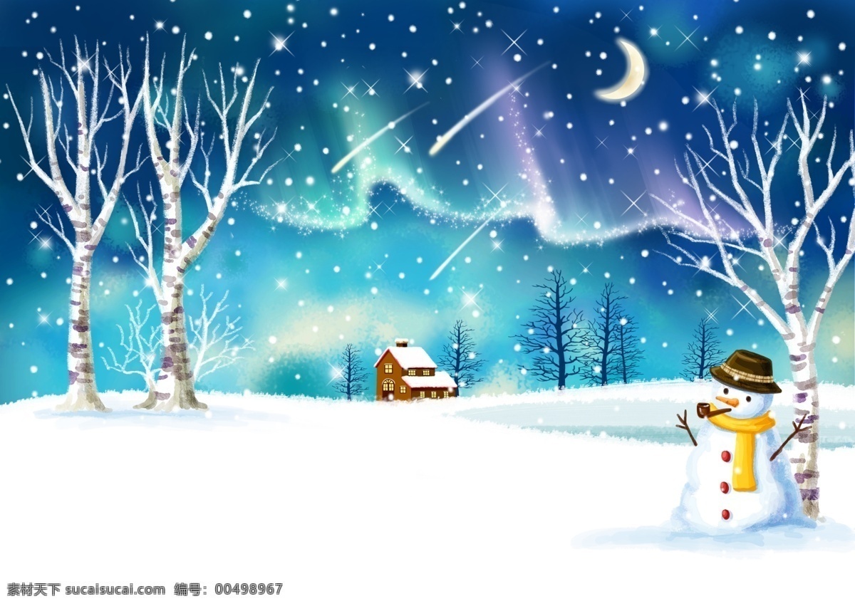 雪地 上 白桦树 雪人 psd素材 冬季 树木 星空 雪景 月亮 psd源文件