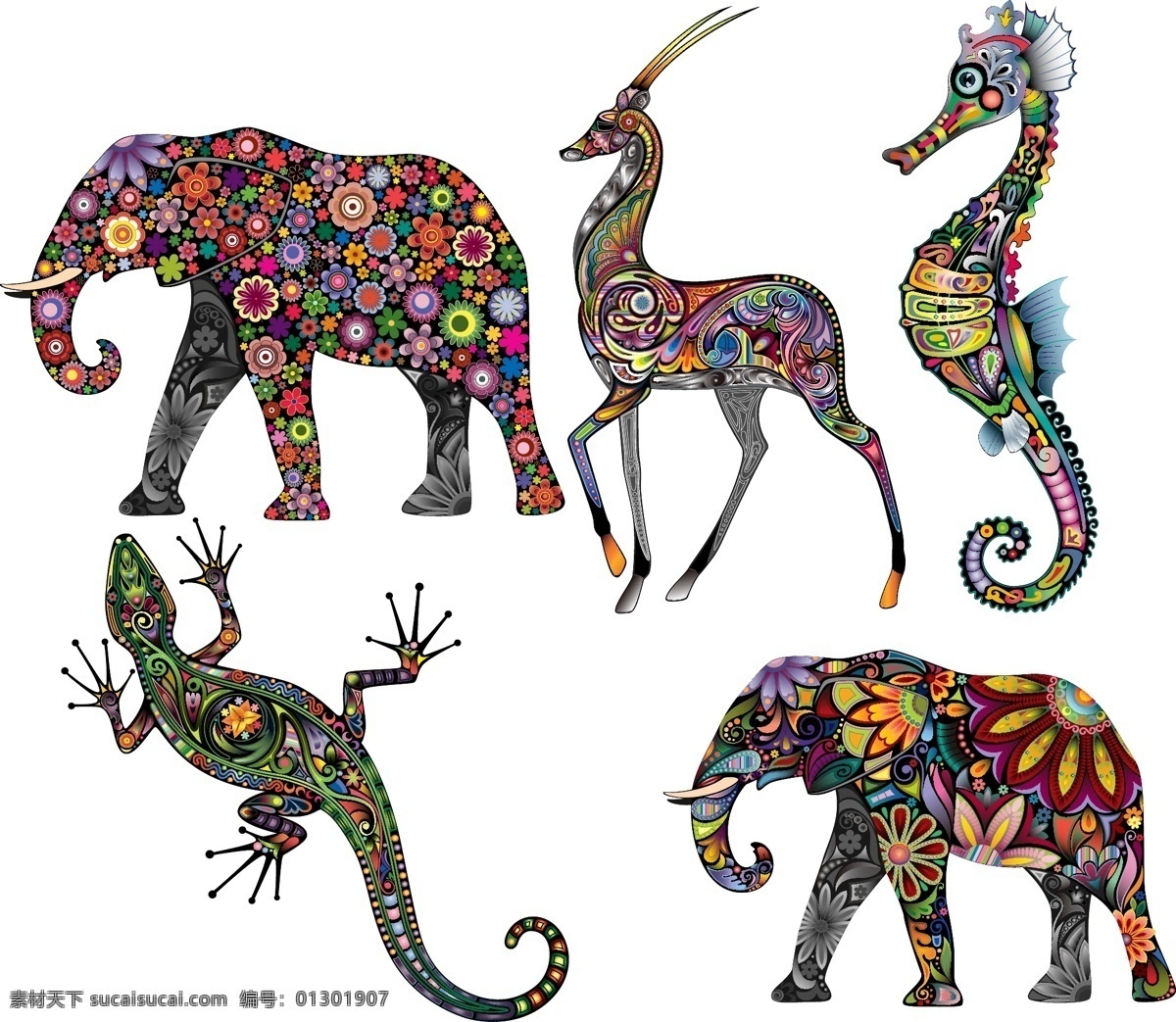 彩色动物图案 彩色动物 纹身刺青图案 矢量素材 矢量图 创意设计 图案 动物 彩色 炫彩 炫丽 刺青 纹身 花纹 大象 壁虎 海马 羚羊