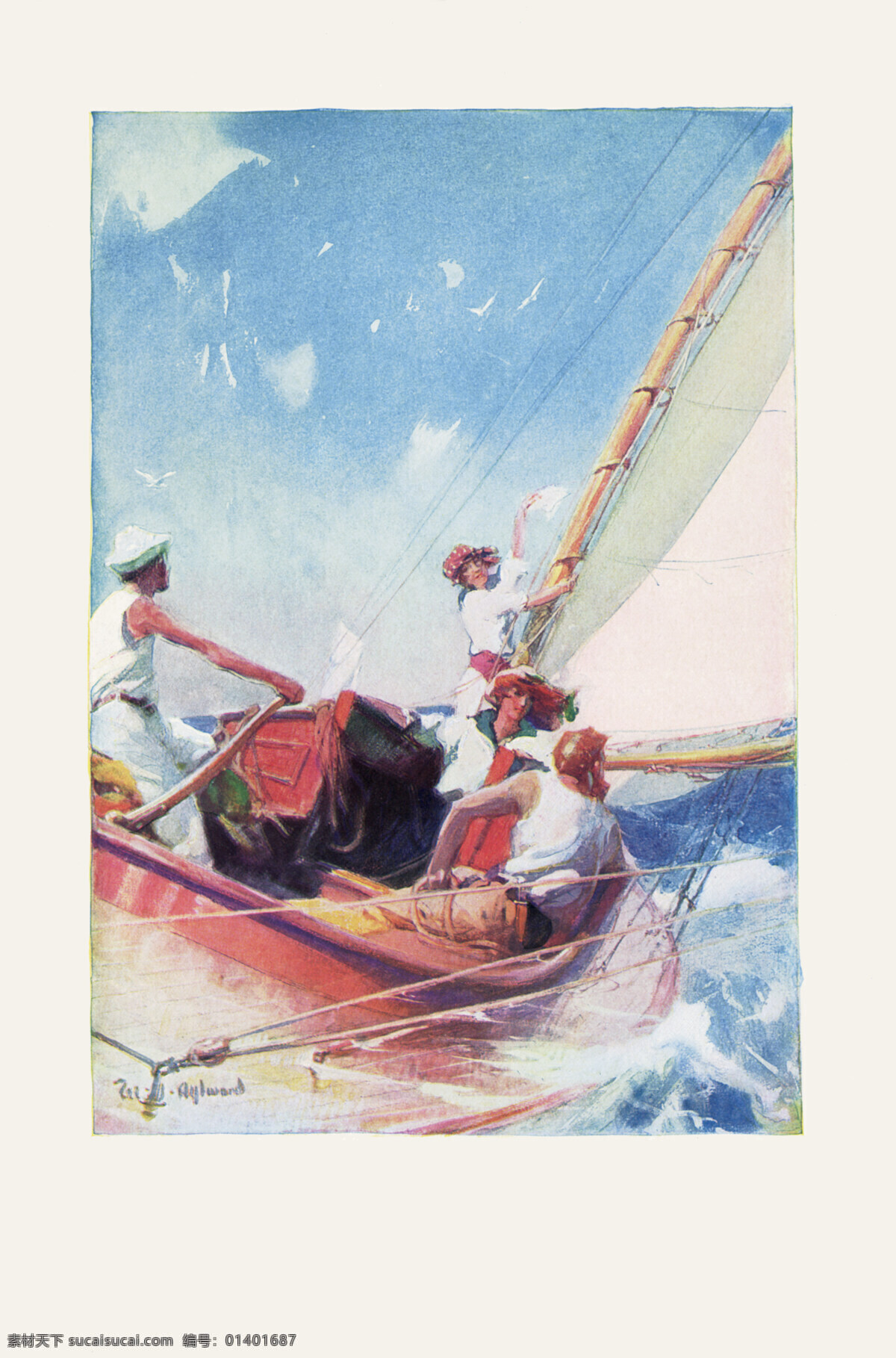 海员大海帆船 美女 海员 大海 帆船 风浪 蓝天 白云 外国绘画 西方绘画 绘画书法 文化艺术