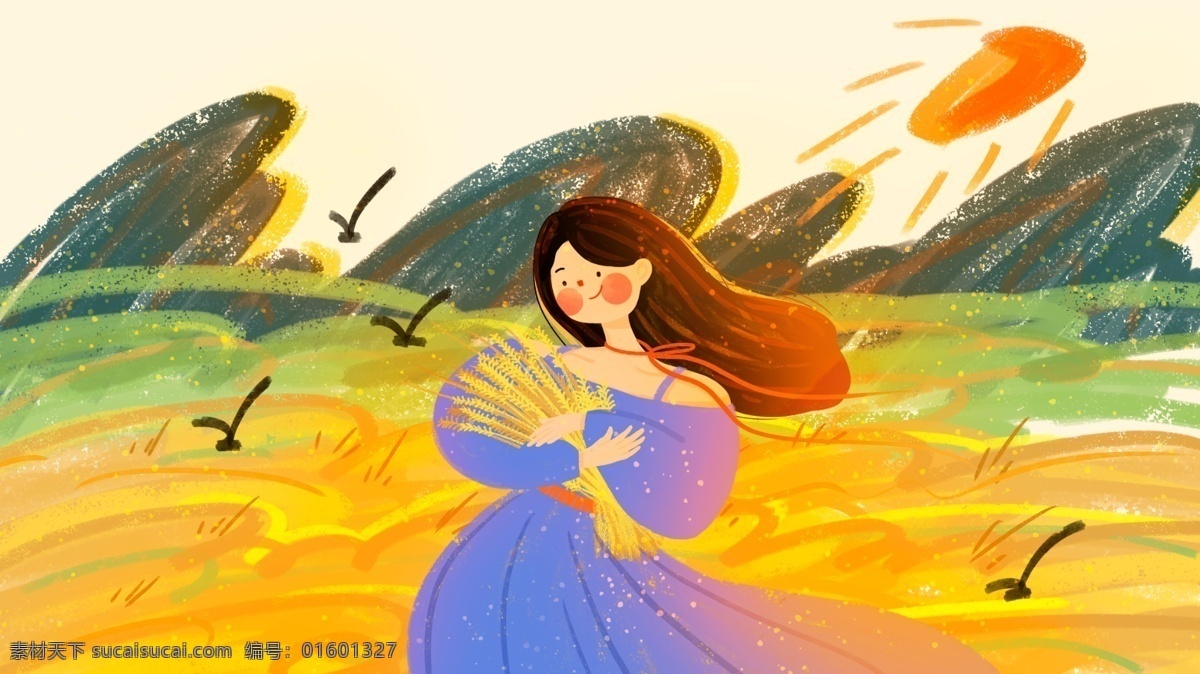 原创 绚丽 秋天 你好 女孩 稻田 插画 秋季 插图 秋 秋分 立秋 秋天你好 绘图 稻田里女孩 抱稻谷女孩 微信用图 微博用图 朋友圈配图 公众 号 文章 配 图