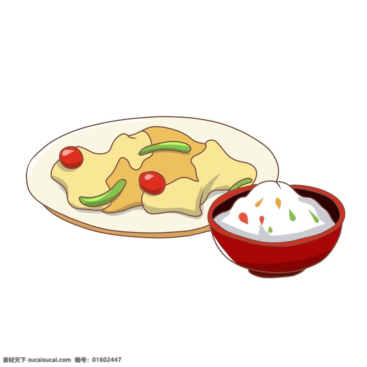 手绘 美味 食物 插画 黄色 美食 一盘菜 主食 红色碗