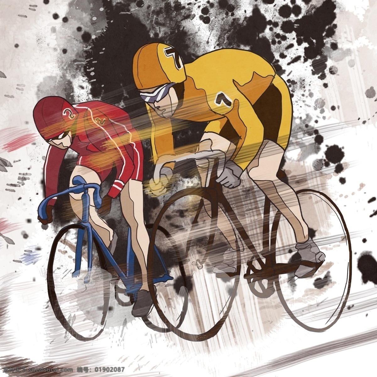 骑 自行车运动 泼墨 背景 卡通人物 自行车 线条 黑色斑点