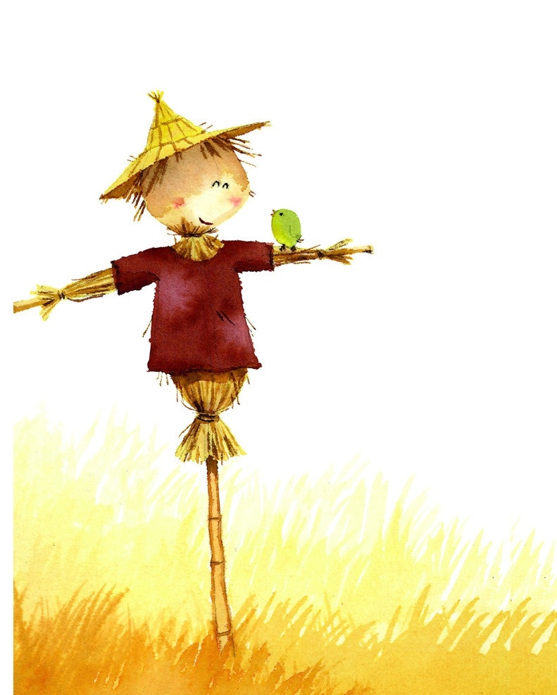 稻草人 手绘 金色 小鸟 稻草 卡通 动漫人物 动漫动画
