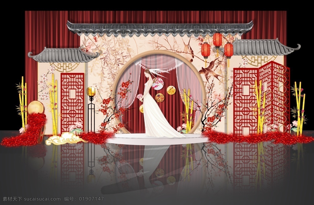 红色 中式 婚礼 效果图 红中式 灯笼 金色竹子 主迎宾