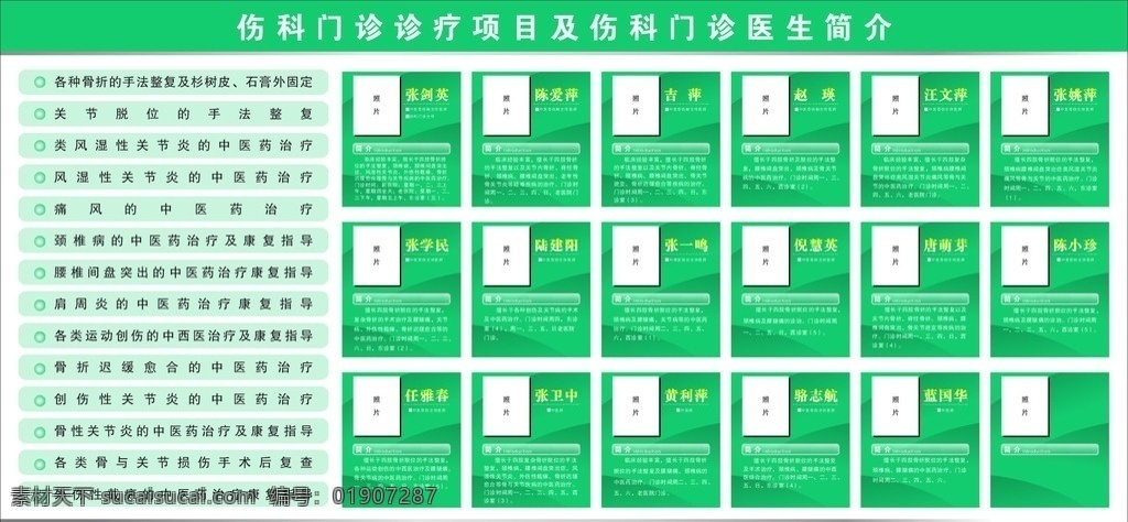 门诊项目 医生简介 医生 简介 绿色调 骨伤科 医院门 诊 项目 展板模板 矢量
