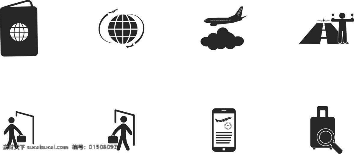 黑色 旅行 图标素材 飞机 旅行箱 图标 矢量素材 护照 环球 进口 出口 起飞 航班时间 检查