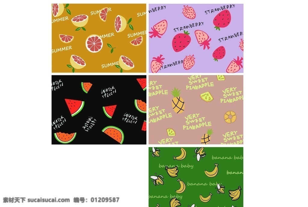 水果 插画 夏季 小 清新 柠檬 草莓 菠萝 香蕉 西瓜 动漫动画