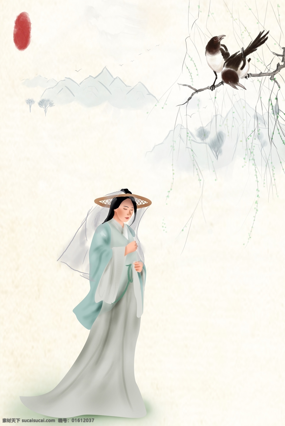 仕女图 工笔画 古典 中国风 植物 花鸟 鸟 简约 复古 花卉 荷叶