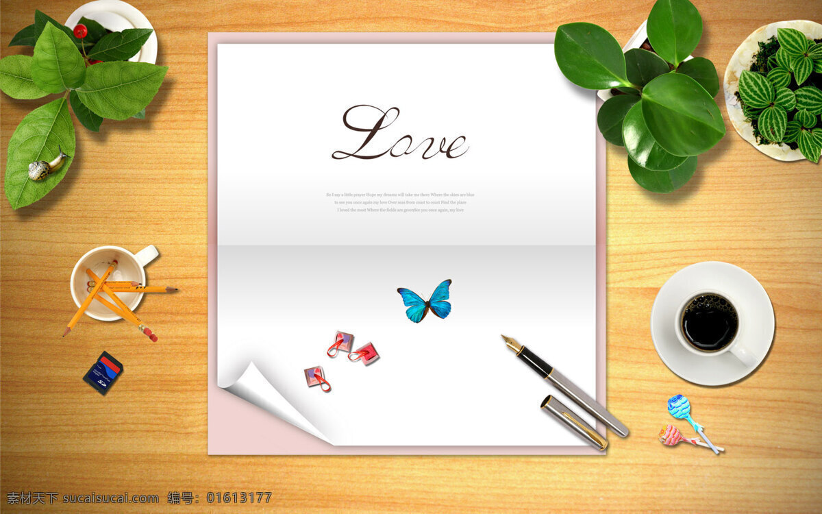 信纸 蝴蝶 合成 桌面 钢笔 咖啡 绿色植物 合成桌面 底纹边框 其他素材