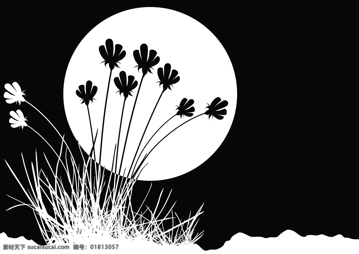 黑白 花草 剪影 草丛 插画 模板 设计稿 素材元素 植物 月亮 源文件 矢量图