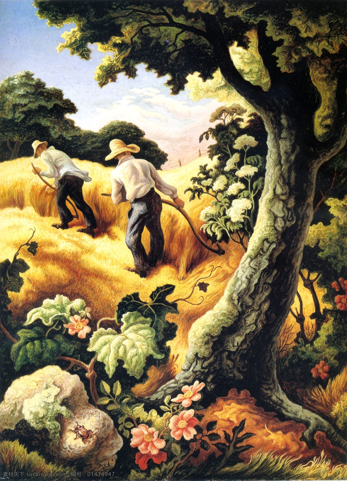 大树 古典油画 绘画书法 麦子 秋色 秋收 山水风景 世界名画 油画风景 民房 山野风光 外国油画 文化艺术 装饰素材