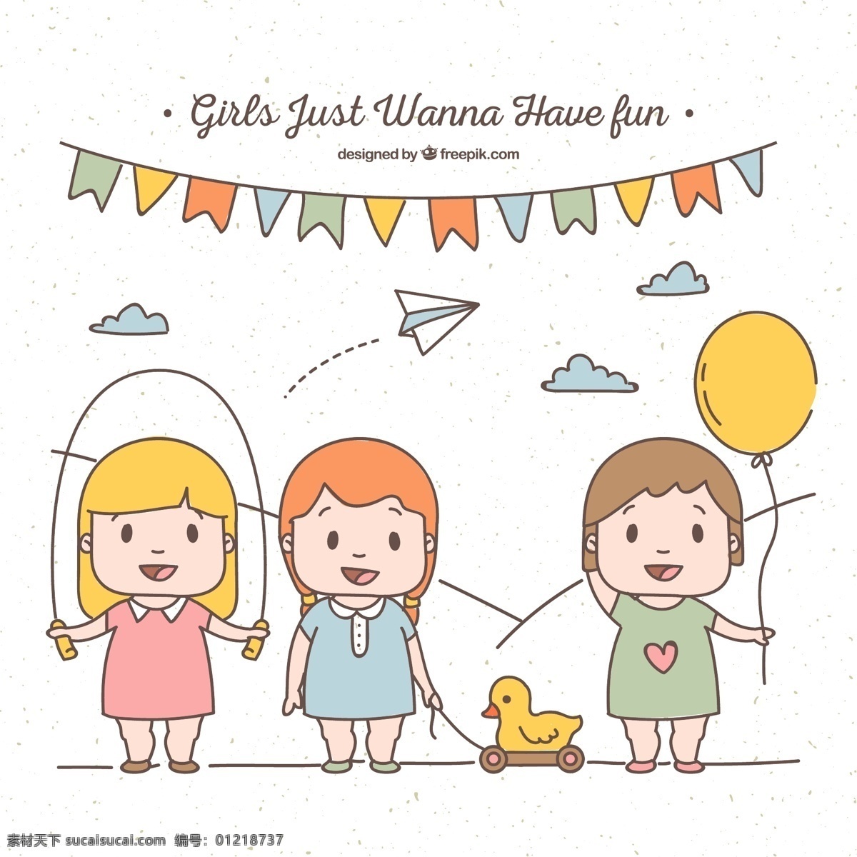 可爱 玩耍 小女孩 3个可爱 气球 彩带 纸飞机 云朵 小鸭 人物 动漫动画 动漫人物