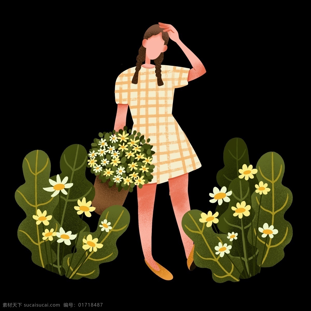 踏青 公园 采花 女孩 春游 人物 插画 绿色叶子 卡通人物 植物装饰 穿 黄 格子 裙