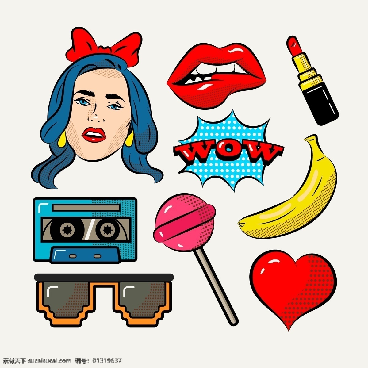 时尚 卡通 波普 风格 装饰 图案 摩登 摩登女郎 红唇 唇膏 口红 磁带 卡带 墨镜 香蕉 棒棒糖 红心 波普风格 波普元素 波普文化
