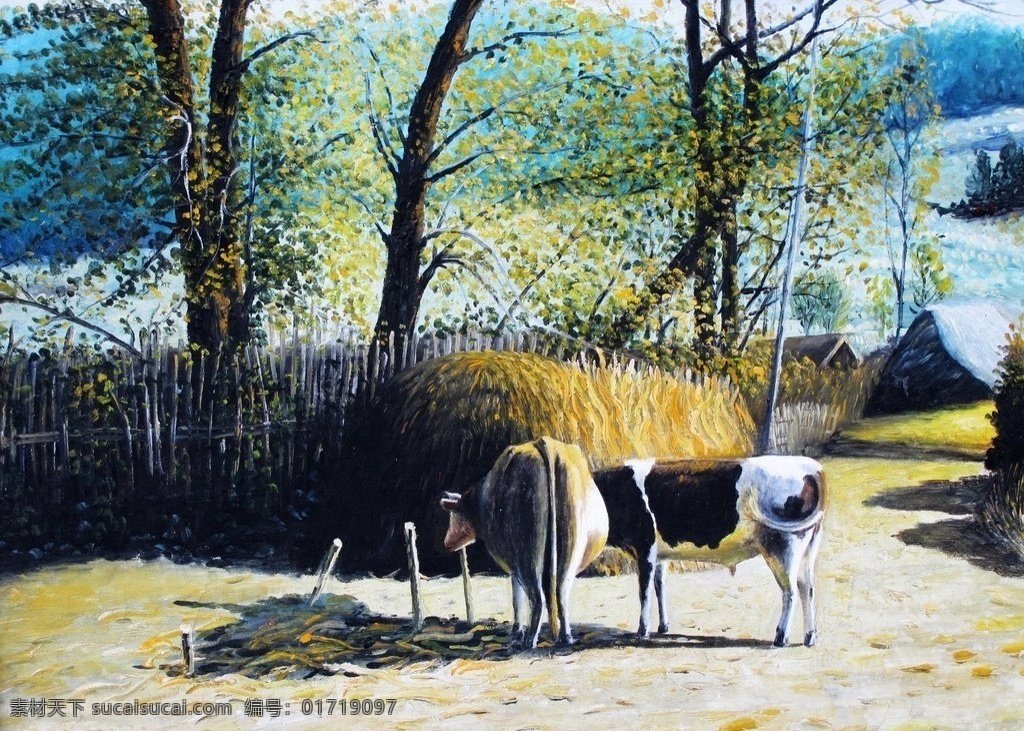 油画 牛 树 小树 树枝 远山 绘画书法 文化艺术