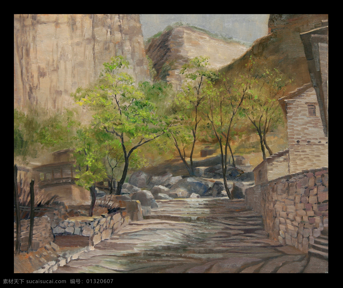 房屋 风景画 绘画书法 美术 民居 山岭 树木 文化艺术 太行风情 油画 太行山区 村子 村道 油画艺术 油画作品46