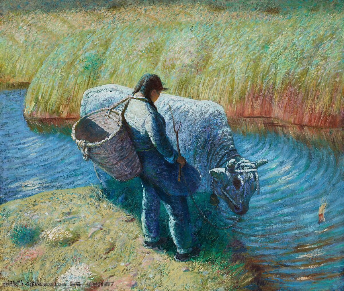春 罗中立作品 小姑娘 牧牛 小溪 饮水 草丛 20世纪油画 油画 文化艺术 绘画书法