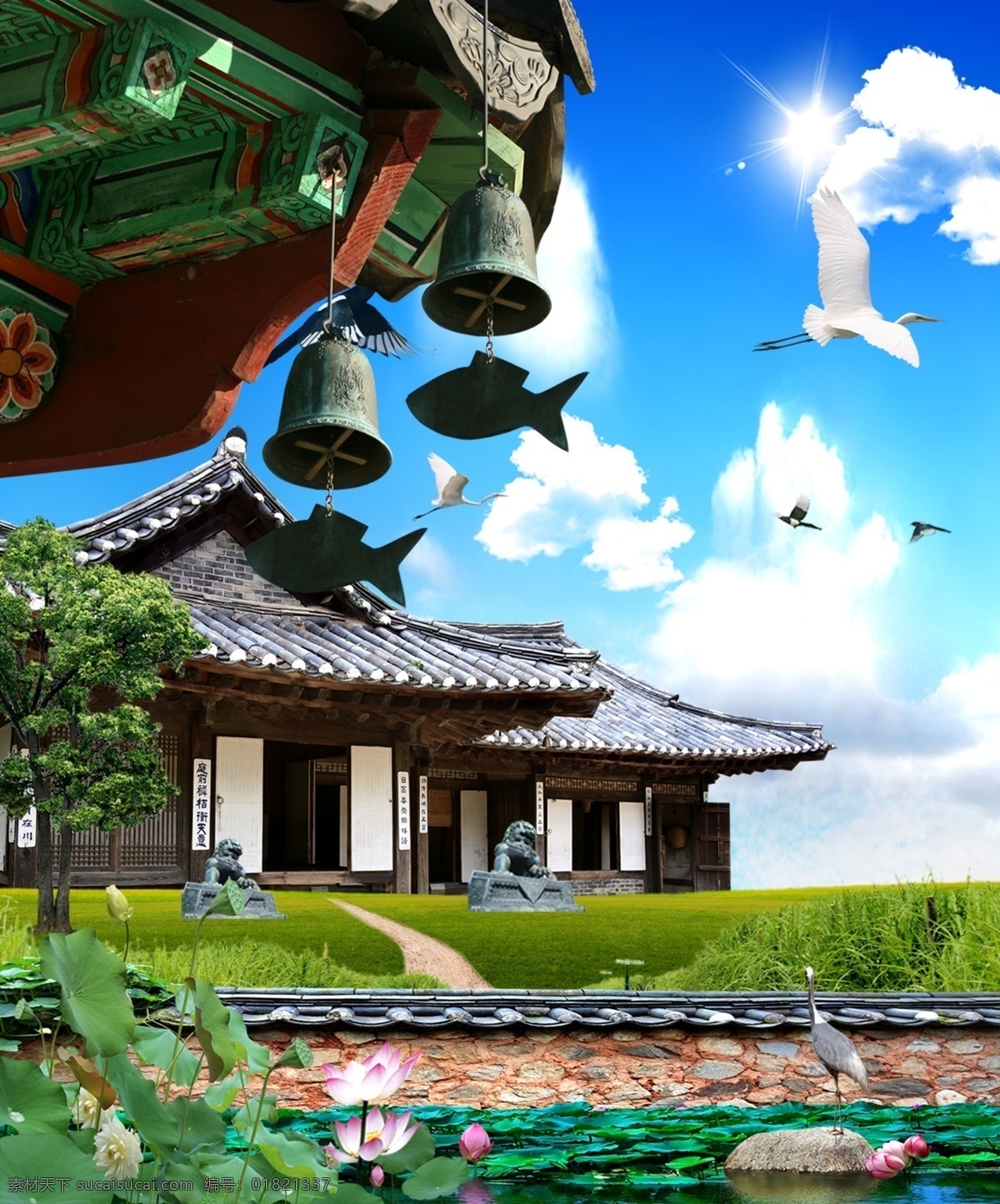 庙宇 建筑 风景 分层 蓝天 树木 仙鹤 源文件库 风景区 荷花花世界 玲珑 鹤立 psd源文件