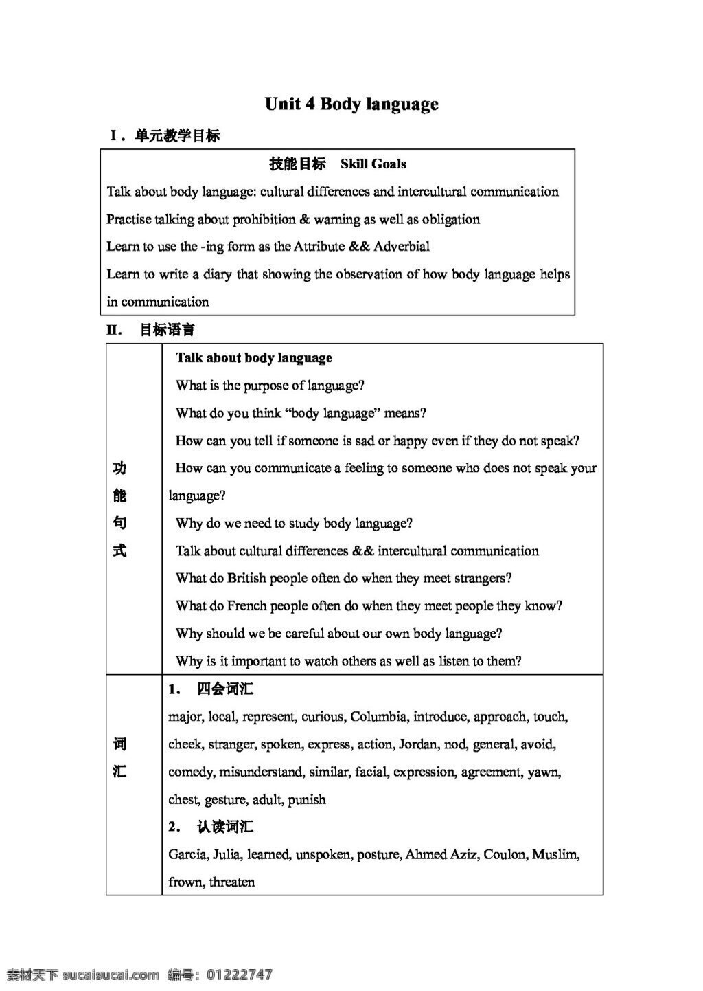 英语 人教 版 module4 unit4 body language 全 单元 教案 人教版