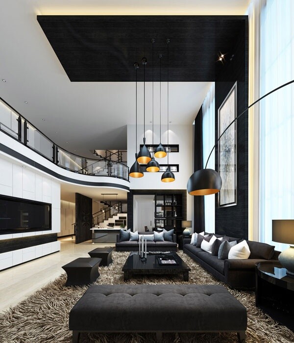 分割 现代 客厅 3d 模型 跃层 现代生活模式 黑色和白色 创意