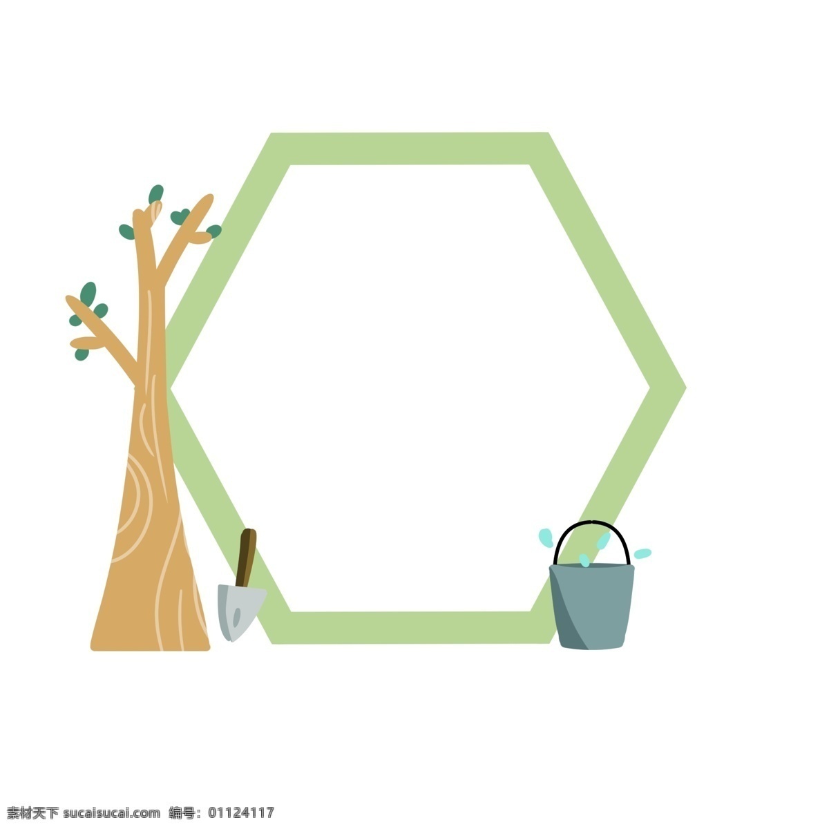 绿色植物 边框 插图 绿色叶子 棕色树木 灰色水桶 银色铁锹 绿色边框 精美的边框 盛开的树木 卡通插图