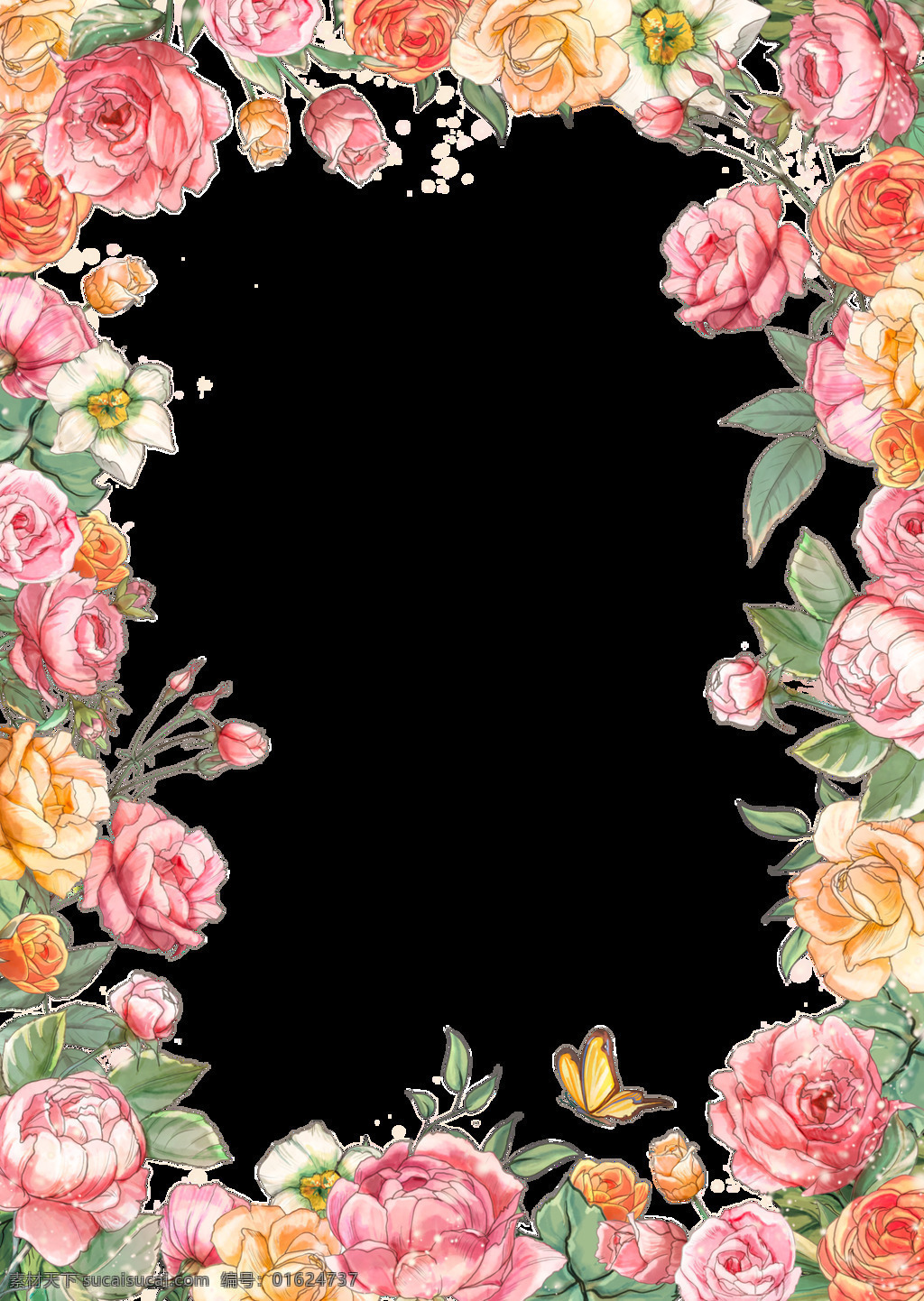 精美 花纹 边框 透明 装饰 合集 免 扣 插画 粉色 红色 花朵 花卉 黄色 卡通 绿色 绿叶