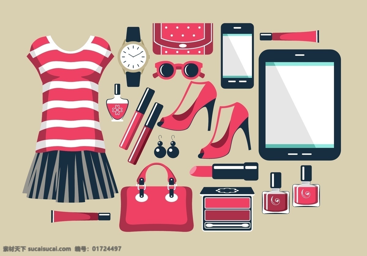 时尚 红色 女性用品 插画 服饰 女性 用品 数码 化妆品 手机