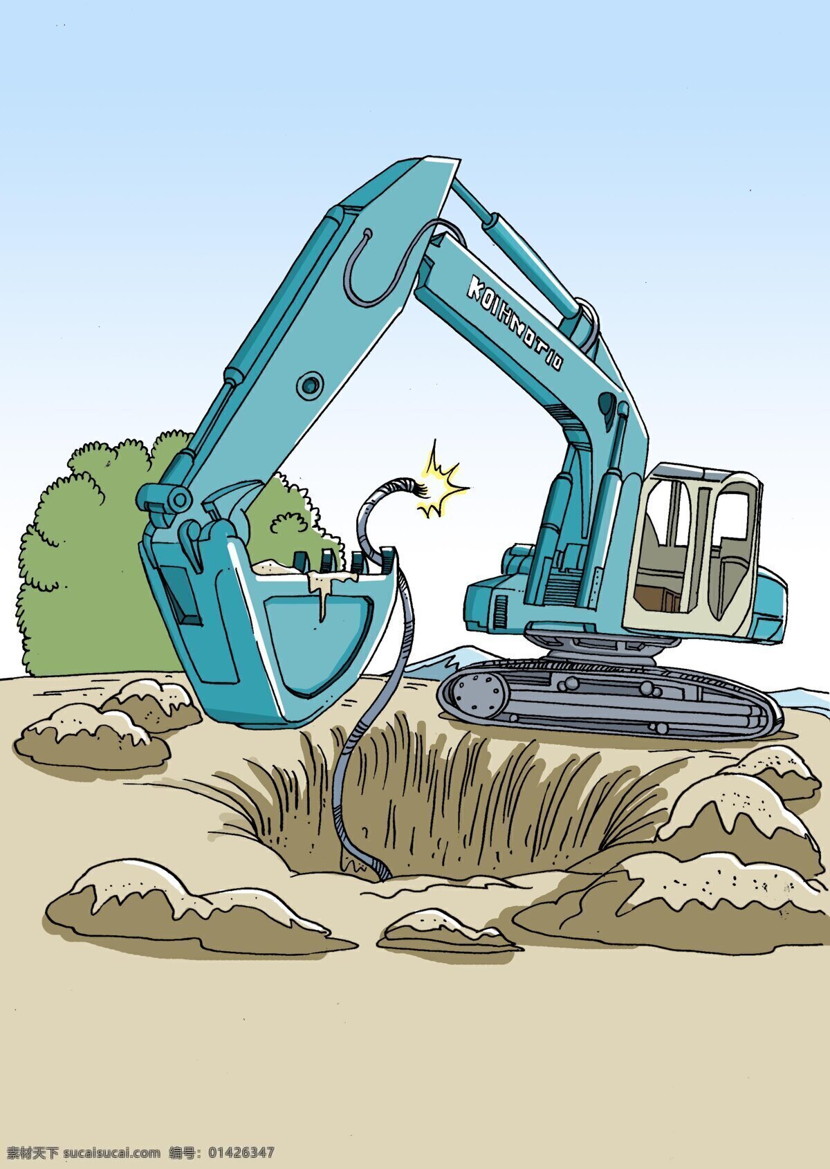 挖掘机 挖 断电 线 电力 施工 挖掘 漏电 电线断了 施工事故 工地 动漫人物 动漫动画
