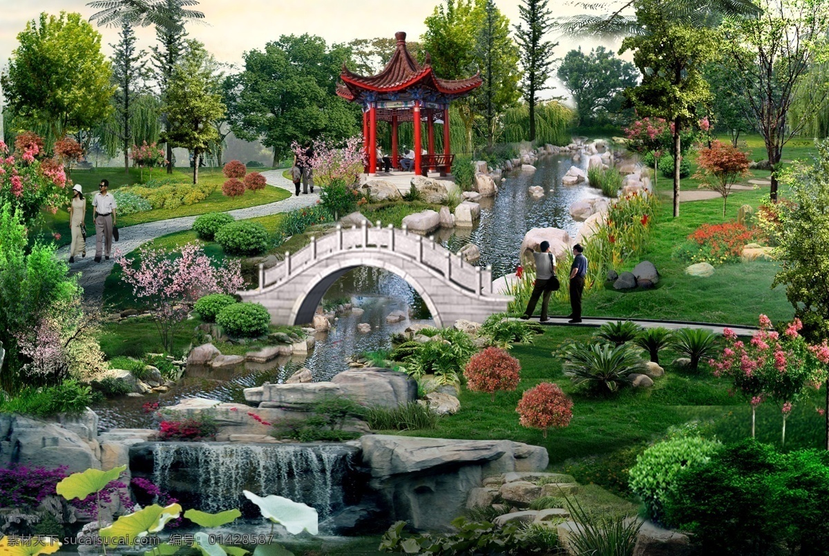 公园景观环境 石桥 河流 瀑布 人物 马路 鲜花 草地 树木 凉亭 石头 白色天空 环境设计 景观设计