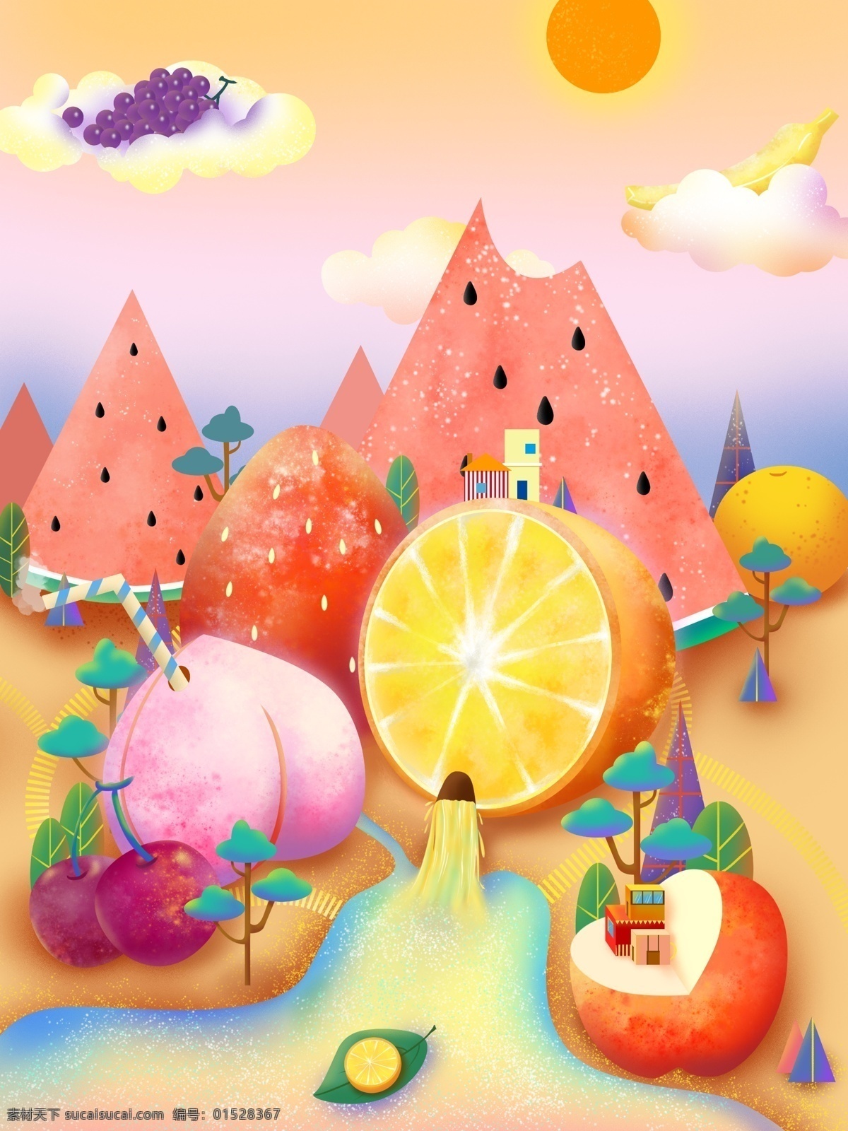 创意 小 清新 缤纷 水果 小镇 插画 橙子 苹果 葡萄 小清新 水果世界 水果小镇 西瓜 桃子 樱桃 橘子 香蕉 原创