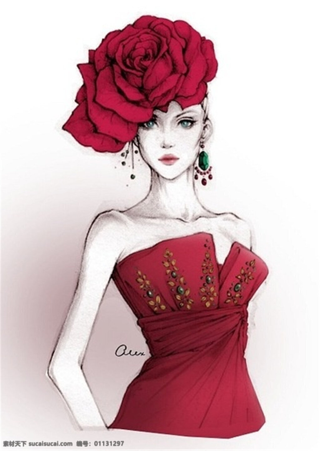 红色 花朵 礼服 设计图 服装设计 时尚女装 职业女装 职业装 女装设计 效果图 短裙 衬衫 服装 连衣裙 抹胸裙