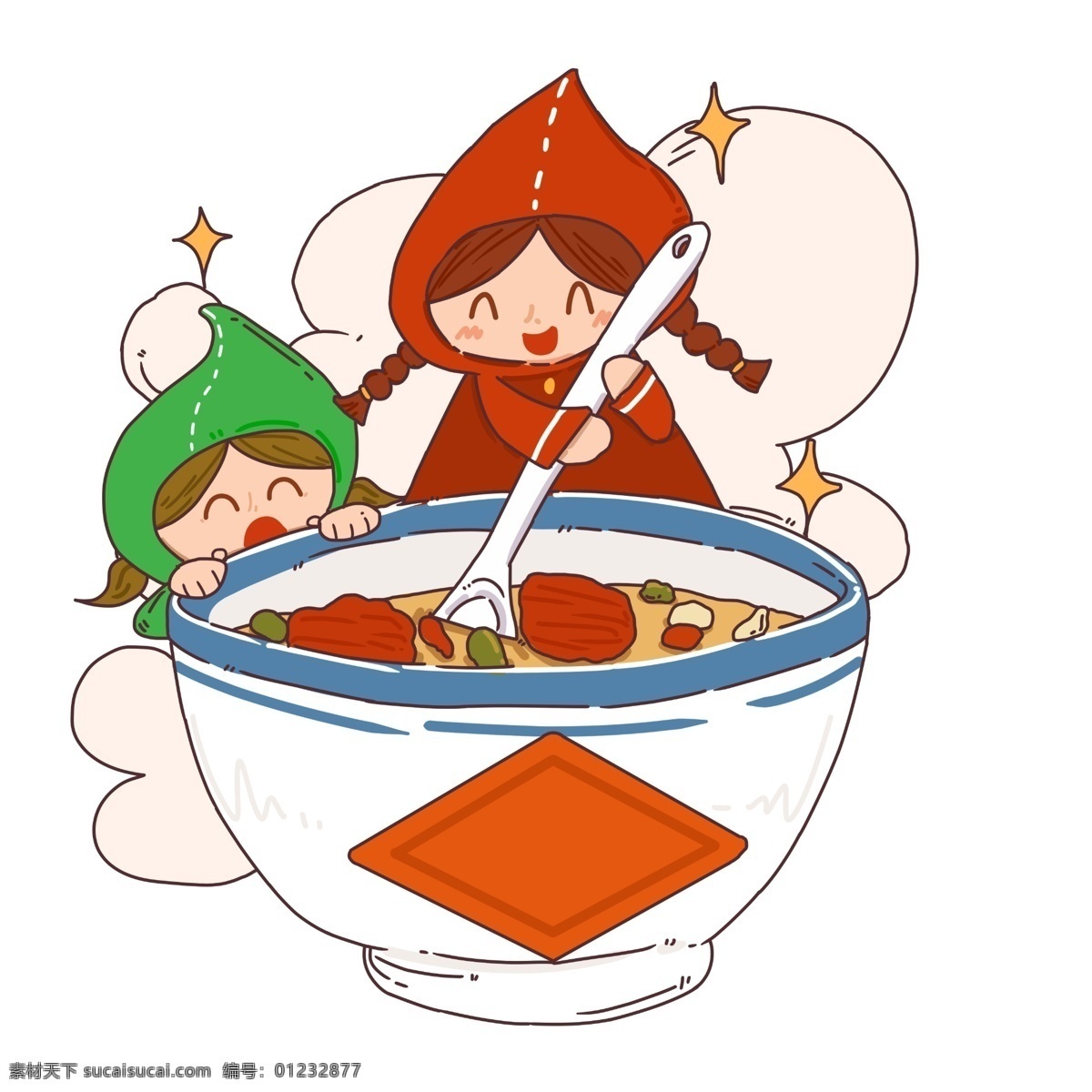 腊八节 人物 食物 插画 漂亮的小女孩 白色的碗 黄色的五角星 红色的帽子 美味的腊八粥