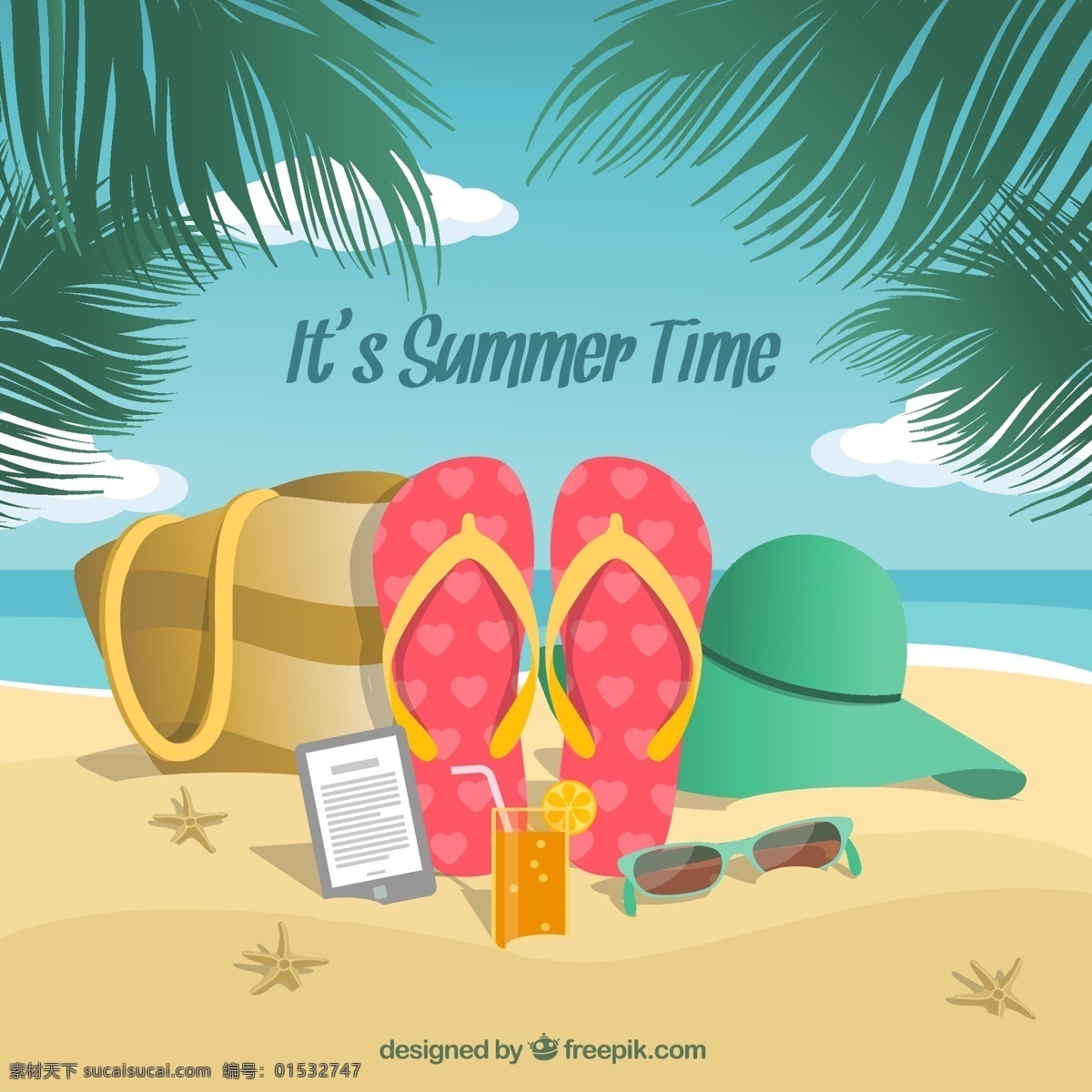 沙滩 度假 插画 矢量图 椰子树 夏季 手机 太阳镜 海星 鸡尾酒 云朵 大海 沙滩拖鞋 太阳帽