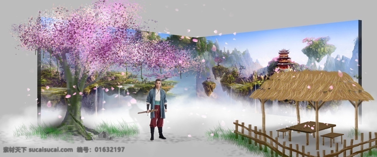 武侠 仙境 场景 背景 搭建 背景设计 场景设计 游戏场景 古装武侠 茅棚 草棚 樱花树 花瓣 侠客 侠士 环境设计 效果图