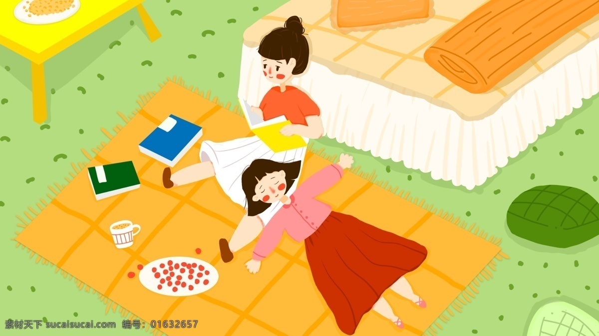 小 清新 插画 躺 闺 蜜 腿 上 房间 小清新 看书 生活 闺蜜
