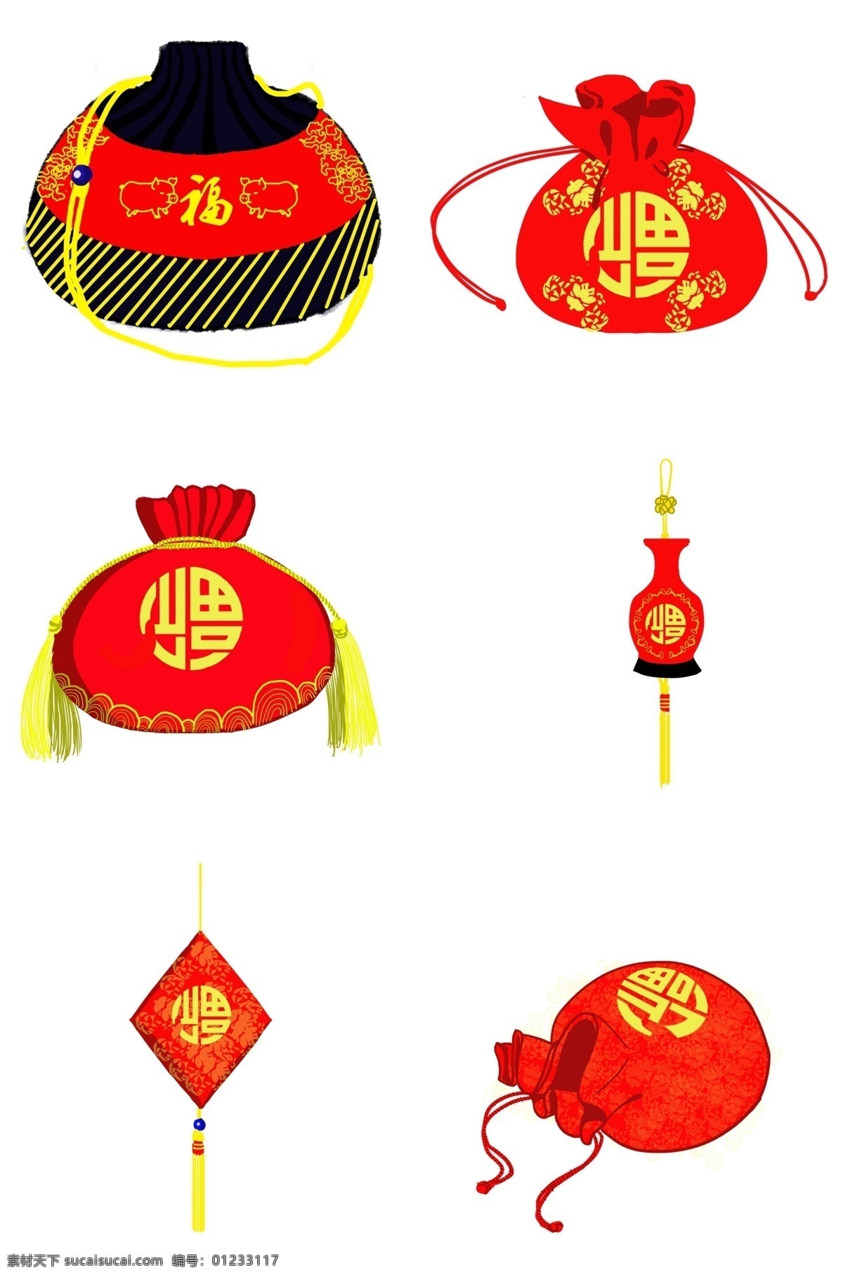手绘 中国 风 浪花 福 袋 图 新年大吉 万事如意 中国人的红 欢欢喜喜 贺 新春 上有吉祥纹