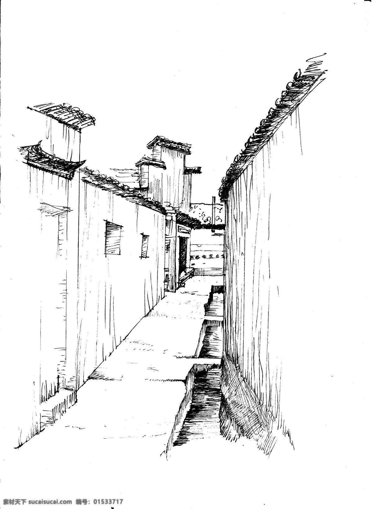 古巷 手绘 线稿 黑白 景观 文化艺术 绘画书法