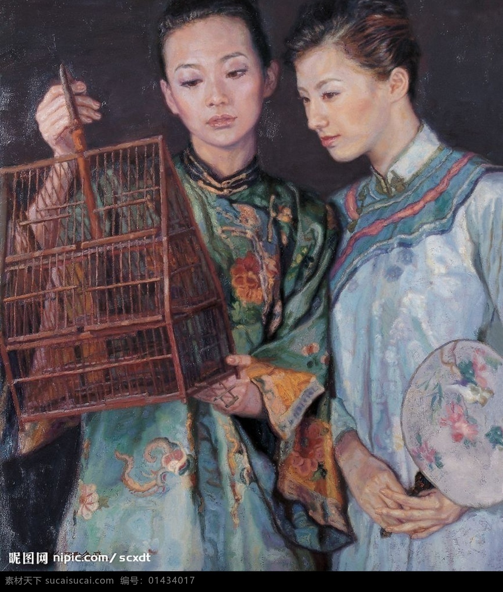 观鸟的女人 陈逸飞 油画 美丽 女人 文化艺术 绘画书法 设计图库