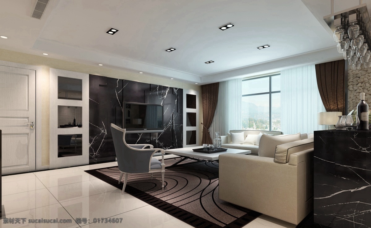 现代 时尚 高级 客厅 玻璃柜 室内装修 效果图 客厅装修 瓷砖地板 深色地毯 白色沙发