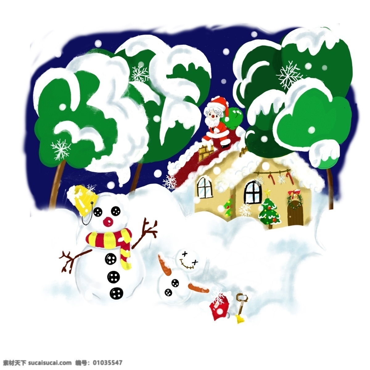 圣诞节 冬日 白色 手绘 雪景 商用 插画 元素 雪人 雪花