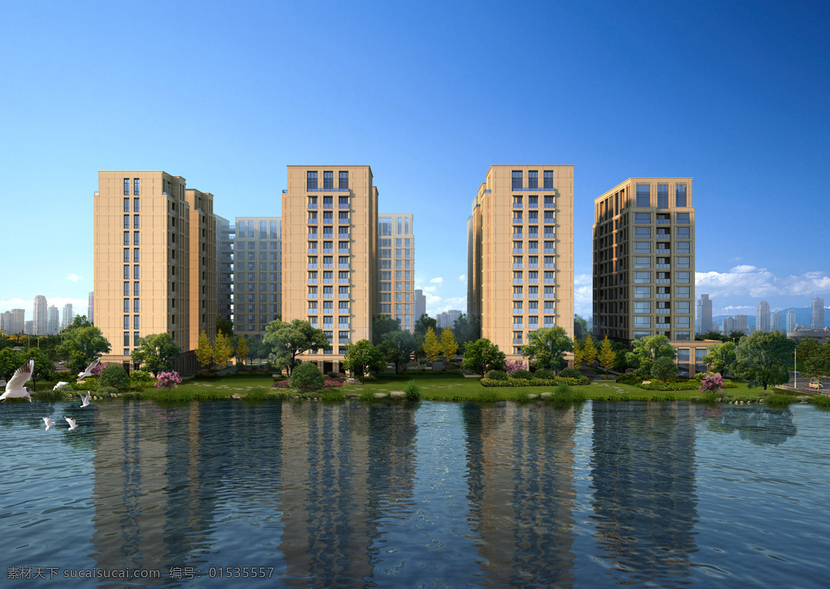 沿河 小区 效果图 小区效果图 河边 水 蓝天 3d 三维效果图 建筑效果 环境设计 建筑设计